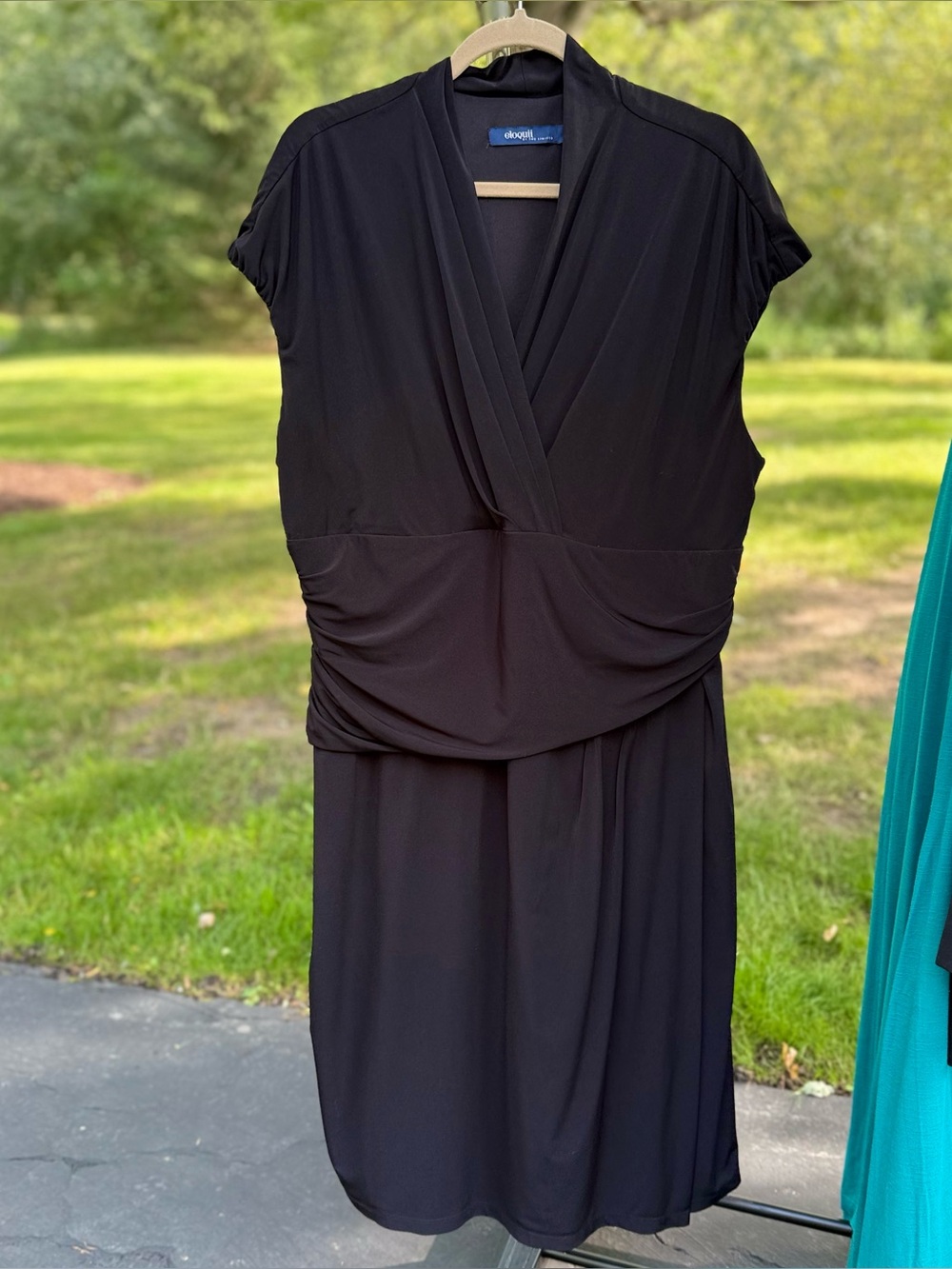 Eloquii Black Faux Wrap Ruched Midi Dress 22W Plus Size Stretch Jersey